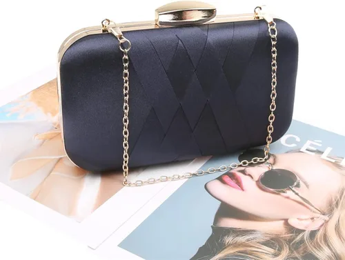 Vista 6 de ESD - Bolso de mano para mujer, tejido de noche, con asas de cadena de metal, bonito bolso para graduación, cóctel, fiesta, boda, cóctel, Azul