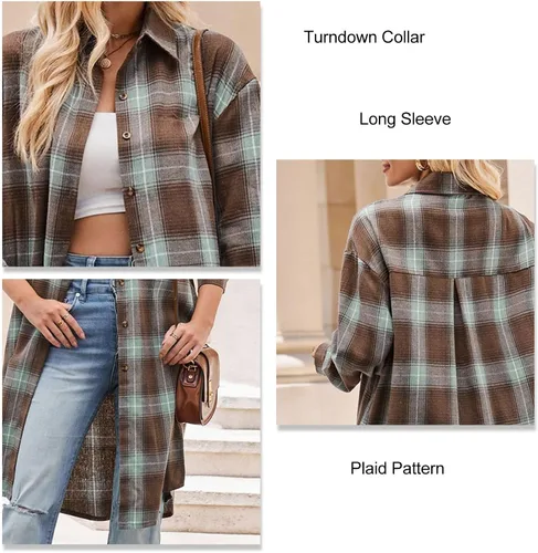 Vista 6 de Women Casual Coat, Polyester Fabric Plaid Long Sleeve Shacket for Outdoor Travel Shopping