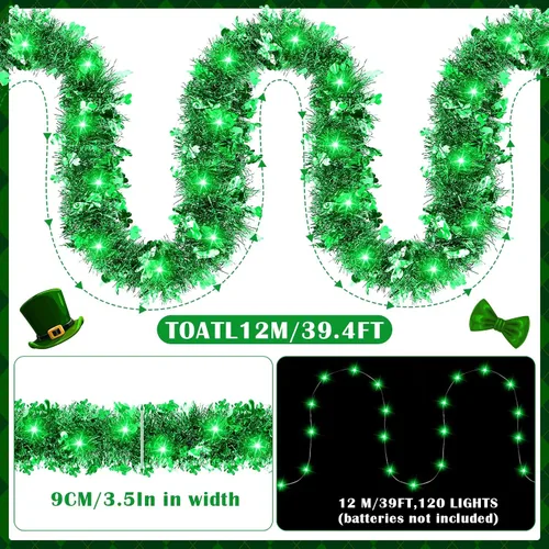 Vista 2 de Guirnalda de 39.4 pies con luces para el día de San Patricio, 120 luces LED, trébol verde metálico, guirnalda colgante de trébol para el día de San