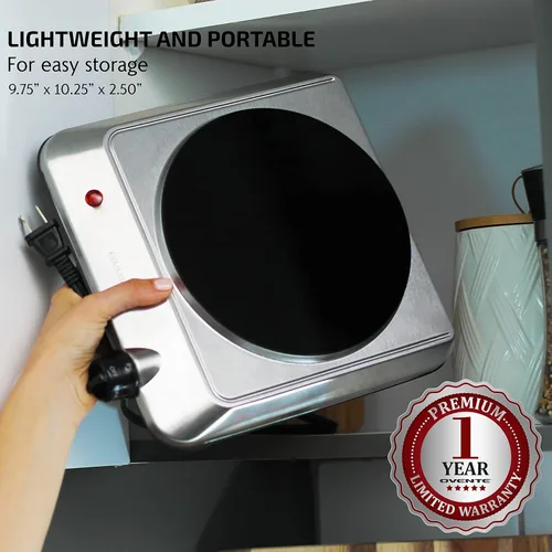 Vista 3 de OVENTE Quemador individual infrarrojo para encimera, placa eléctrica de 1000 W con placa de cocina de vidrio cerámico de 7.5 pulgadas, ajuste