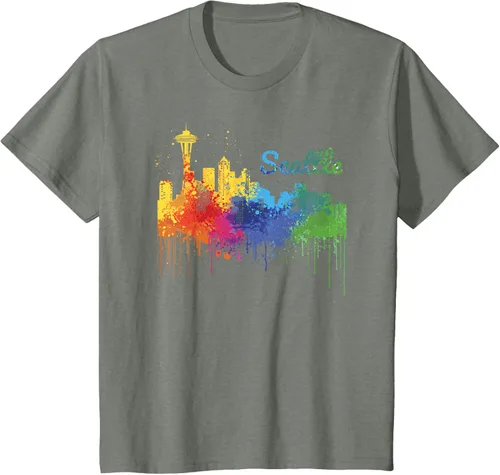 Vista 56 de Seattle Washington Skyline Watercolor Souvenir Seattle Camiseta, Negro