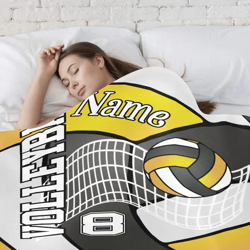 Vista 4 de Manta personalizada de voleibol en negro dorado, amarillo y blanco con nombre, manta de forro polar suave para hombres y mujeres, regalo