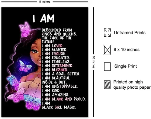Vista 2 de Arte de pared y decoración de niña afroamericana – I Am Black Girl Magic – Arte negro – Afirmaciones positivas inspiradoras – Citas positivas