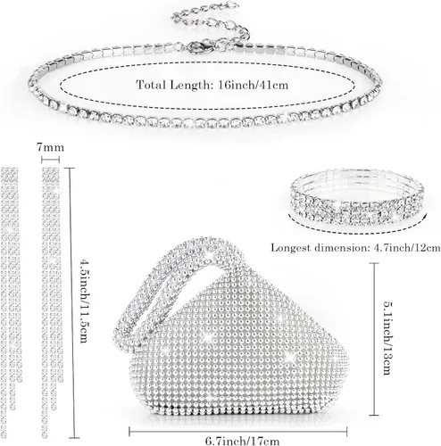 Vista 2 de Hooqict Juego de joyas de diamantes de imitación para mujer, 4 piezas con purpurina triangular, monedero de embrague con borla, aretes, gargantilla