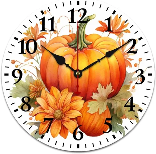 Vista 13 de Reloj de pared de madera Country Autumn Harvest Acuarela Calabaza Flores Redondo Reloj Decorativo de Calidad Cuarzo Sin Ticking Otoño Acción