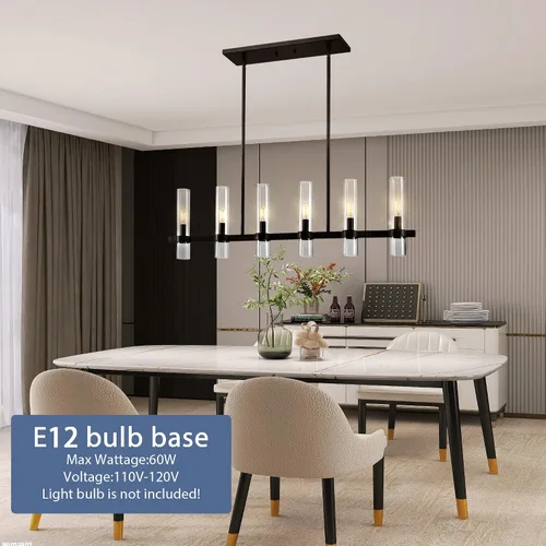 Vista 3 de Untrammelife Lámpara de Isla Lineal Moderna, Candelabro Grande Negro de 6 Luces de 36" de Ancho, Lámpara Colgante Rectangular con Pantalla de Vidrio