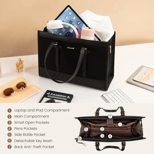 Vista 5 de LOVEVOOK Bolsa para Laptop para Mujeres de 15.6 pulgadas Bolsa Tote de Lona para Laptop, Bolsa de Trabajo de Gran Capacidad con Bolso de Mano, Bolsa