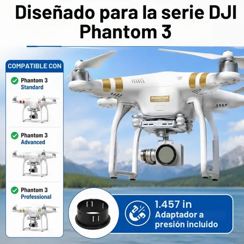 Vista 3 de Kit de filtro de 1.457 in para drones DJI Phantom serie 3. El kit incluye: CPL, ND4, ND8, UV, tapa de lente, protector de tapa + paño de microfibra
