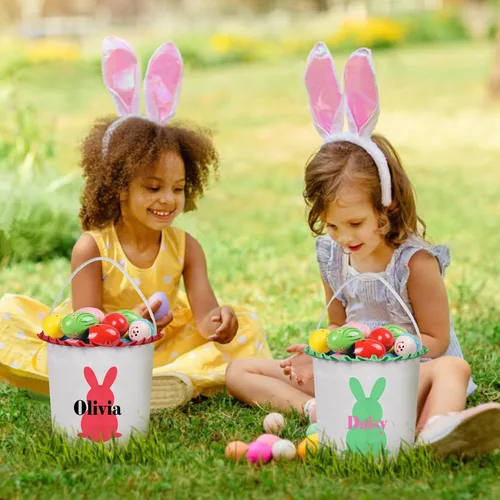Vista 6 de Cestas de Pascua personalizadas para niños, cesta de caza de huevos de Pascua, bolsas de cesta de Pascua personalizadas, regalos de Pascua para verde