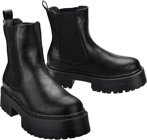 Vista 4 de KEIIYJ Botines Chelsea de tacón bajo con plataforma para mujer en negro (KEY6)