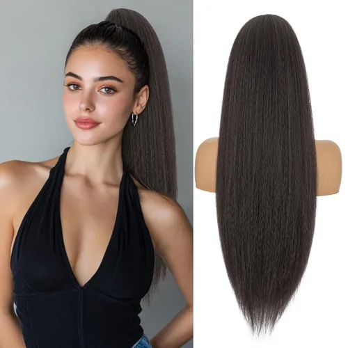 Vista 13 de Benehair Extensión de cola de caballo con cordón, 24 pulgadas de largo, pelo sintético lacio, extensiones de cabello de cola de caballo con clip