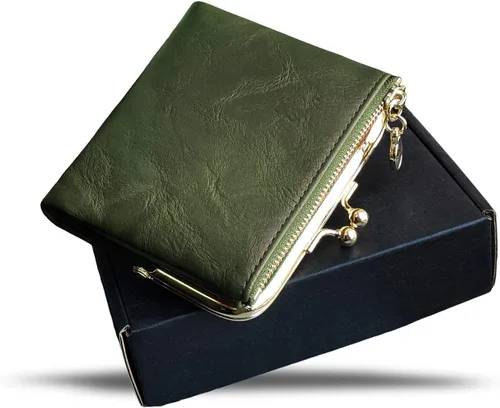Vista 7 de AOXONEL Cartera para mujer, pequeña, Rfid, compacta, plegable, de piel, vintage, con cremallera y cierre de beso