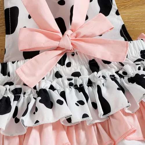 Vista 4 de IDOPIP Baby Girls Cow Print Romper Summer Sleeveless Jumpsuit Ruffle Backless Sunsuit Dress with Headband Cow Birthday Outfit