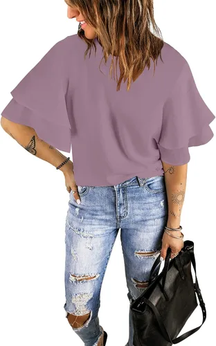 Vista 4 de luvamia Blusa casual de manga acampanada de 34 con cuello redondo para mujer