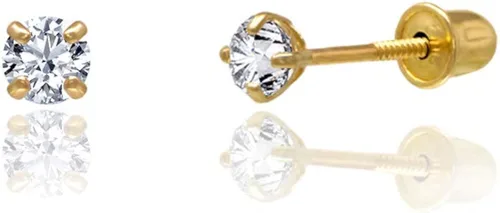 Vista 2 de 14kt Solid Yellow Gold Superbright Clear Cz Basket Setting Round Screwback Stud Earrings