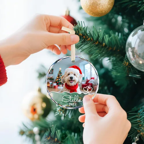 Vista 2 de Adornos de foto de perro personalizados, adornos personalizados con nombre y foto de cachorro de mascota para el árbol de Navidad, regalos