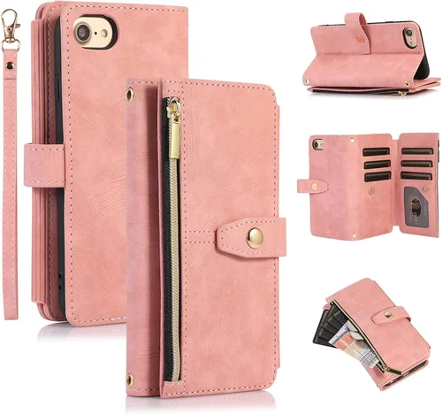 Vista 12 de UEEBAI Funda tipo cartera para iPhone SE 2022 5G/iPhone 7/iPhone 8/iPhone SE 2020, retro con 9 ranuras para tarjetas, bolsillo con cremallera, funda