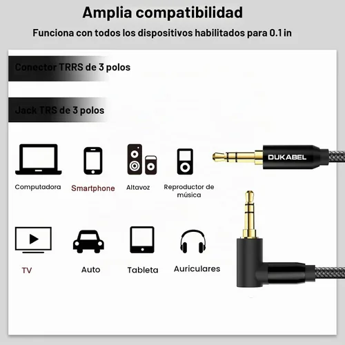 Vista 2 de DUKABEL Cable de Audio Auxiliar de 3,5 mm a 3,5 mm, 1,1 m/3,6 pies, Cable de Audio de Ángulo Derecho, Cable AUX Macho a Macho para Auriculares Negro