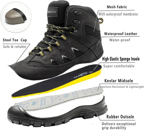 Vista 4 de Botas de trabajo para hombres, botas de seguridad impermeables con punta de acero de 6 pulgadas