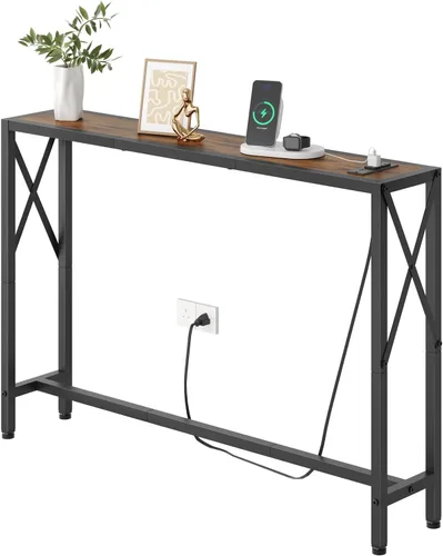 Vista 18 de Gewudraw - Mesa de sofá estrecha de 55.1", mesa consola con tomas de corriente y puertos USB, mesa de entrada, mesa de sofá industrial para pasillo
