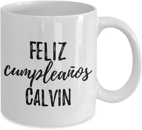 Vista 2 de Feliz Cumpleanos Calvin Mug Spanish Happy Birthday Personalized Name Gift Coffee Tea Cup 11 oz