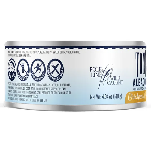 Vista 3 de Tonnino Atún Albacora - Trozos premium en agua con garbanzos, maíz y zanahorias - Paquete de 12 - Alternativa al salmón - Snacks proteicos - Comidas