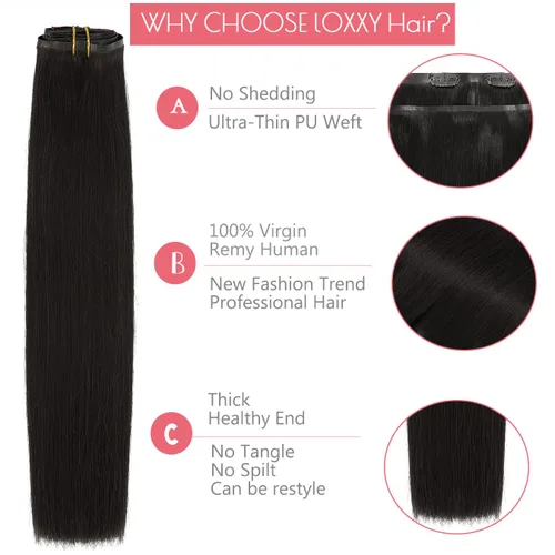 Vista 7 de Loxxy Extensiones de cabello humano sin costuras con clip para mujer, ultra invisible, trama de poliuretano, extensiones de cabello con clip