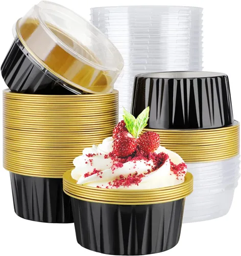 Vista 8 de EUSOAR Moldes desechables de papel de aluminio con tapas, 30 piezas de 5 onzas (4.2 fl oz) de papel de aluminio para magdalenas, tazas para hornear