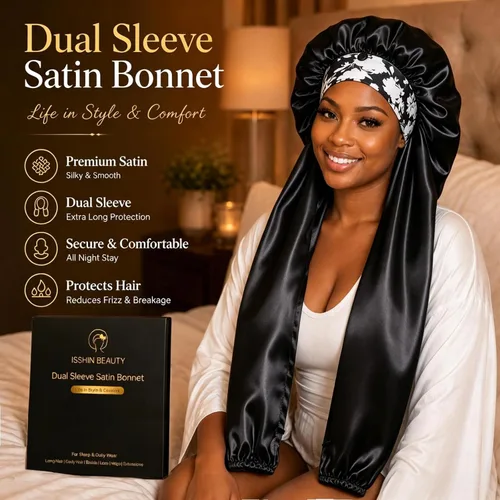 Vista 6 de Isshin Beauty Gorro de satén para mujeres durmientes: doble manga 2 en 1, protector de pelo largo antiencrespamiento Negro y café