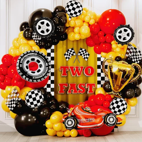 Vista 9 de Kit de arco de globos de coche de carreras TODO-EN-1 y guirnalda con TROFEO de REGALO y Número 2 - Globos de coches de carreras para suministros