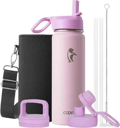 Vista 71 de Coolflask Botella de agua de 20 onzas aislada con pajilla, 3 tapas de metal de acero inoxidable, botella de agua de boca ancha para deportes u