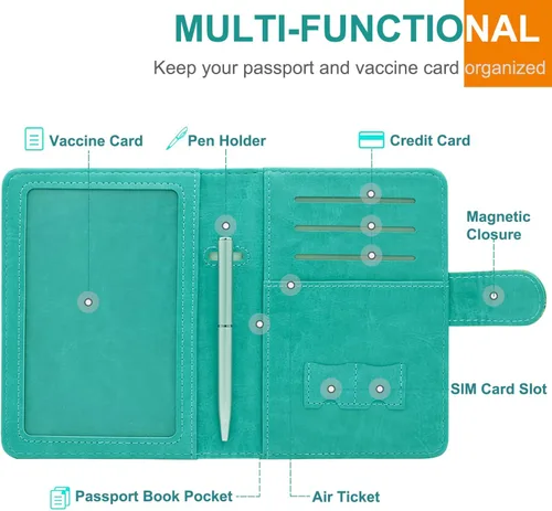 Vista 6 de RSAquar Combo de portatarjetas de pasaporte y vacunación, funda de pasaporte, funda de cuero para tarjetas de viaje, accesorios con bloqueo RFID