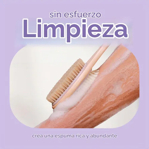 Vista 4 de MainBasics - Cepillo de ducha para espalda, lavanda, mango largo Cepillo corporal de doble cara, cerdas exfoliantes y cerdas suaves, limpieza