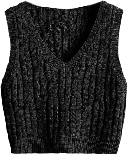 Vista 5 de Romwe Suéter corto de punto trenzado para mujer, estilo preppy, sin mangas, cuello en V, camiseta sin mangas