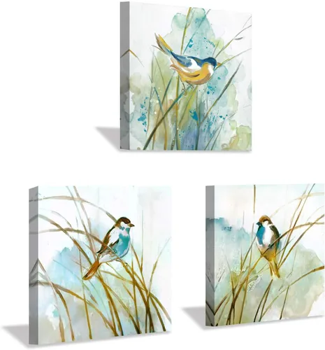 Vista 10 de Cuadro abstracto de pájaro para pared, diseño de pájaros en junco, impresiones de acuarelas sobre lienzo para dormitorio