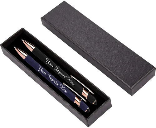 Vista 8 de ExpressDesigns™ - Juego de regalo de bolígrafos personalizados - Paquete de 2 bolígrafos de metal suave al tacto de oro rosa con caja de regalo