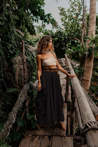 Vista 4 de Falda maxi bohemia con bolsillos para mujer, de algodón orgánico, hippie, gitano