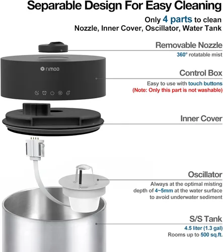 Vista 3 de Stainless Steel Humidifier, 4.5L Easy to Clean Humidifier with 304 Stainless Steel Tank, Cool Mist Humidifiers for Bedroom with Smart Humidistat &