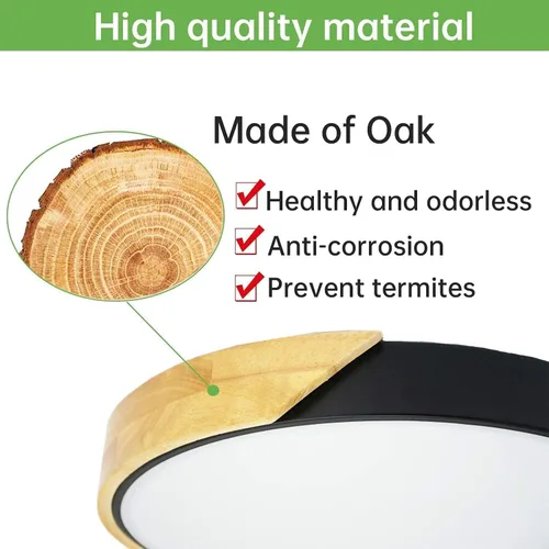 Vista 4 de Lámpara de techo LED de madera de montaje empotrado, 3CCT 3000K-6500K moderna negra cerca de las luminarias del techo, lámpara de techo redonda