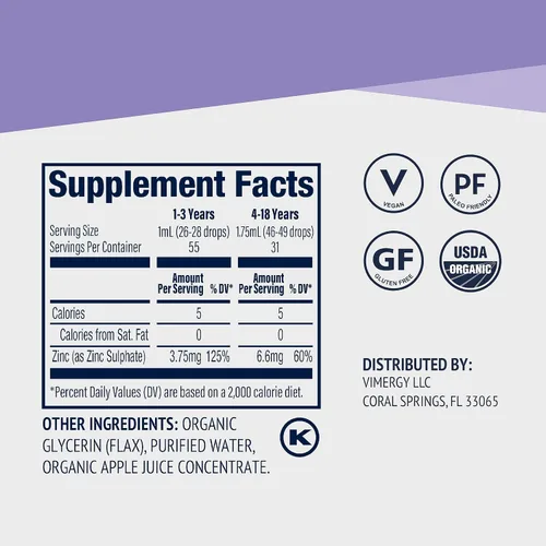 Vista 6 de VIMERGY Sulfato de zinc líquido orgánico USDA para niños, para niños y adolescentes de 1 a 18 años de edad, apoyo inmunológico de rápida absorción*