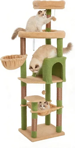 Vista 22 de Árbol para gatos de 35.8 pulgadas con cama doble para gatos y hamaca, rascador de felpa con plataforma cómoda para dormir y pelota de juguete