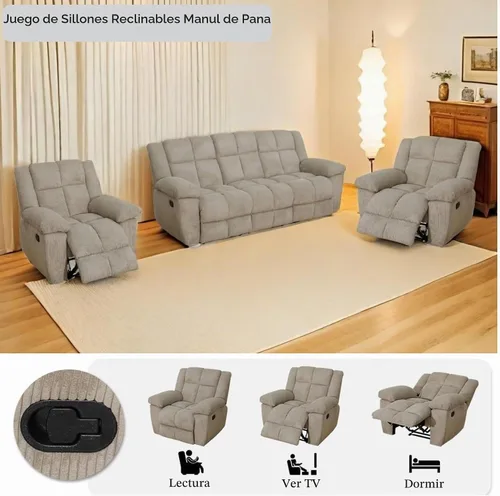 Vista 4 de Juego de sofá reclinable manual de pana extragrande para sala de estar, juego de sofá de pana con mesa desplegable y portavasos para Beige