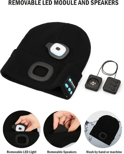 Vista 3 de Gorro Bluetooth con 4 luces LED, recargable por USB, con auriculares, gorro con altavoces estéreo y micrófono, para iluminar por la noche, gorro