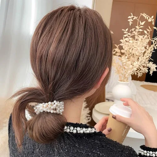 Vista 4 de 8 ligas para el cabello con perlas, elásticas blancas, elásticas para coleta de caballo, elegantes y elegantes, elegantes y elegantes, accesorios