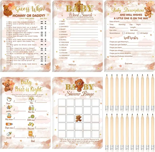 Vista 31 de Yinder 145 tarjetas de actividades para juegos de baby shower con 20 lápices, incluye descripción de bingo para bebés y deseos, adivina quién es