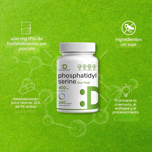 Vista 4 de Suplemento de fosfatidilserina, dosis de 400 mg, 240 cápsulas – Fuente de lecitina de girasol sin soja