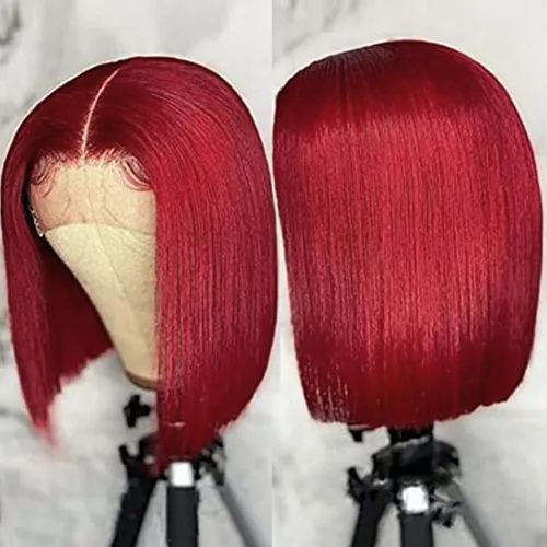 Vista 70 de Pelucas de cabello humano lacio marrón rojizo de 8 pulgadas, #33 13x4 HD, transparente, color marrón rojizo, peluca frontal de encaje frontal