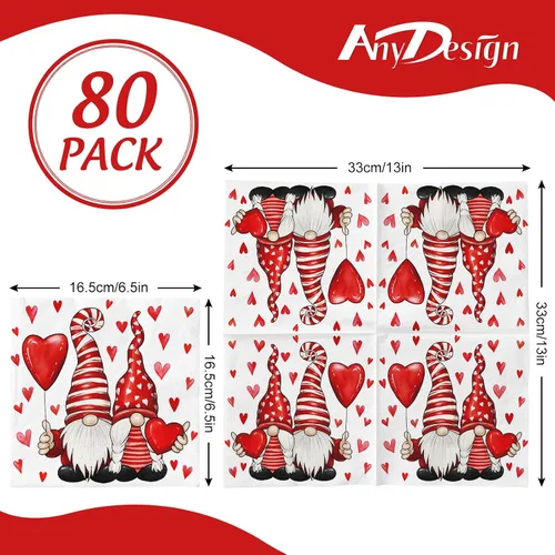 Vista 2 de Paquete de 80 servilletas de papel para el día de San Valentín, diseño de gnomo y corazón, servilletas decorativas, para almuerzo, cena, cumpleaños