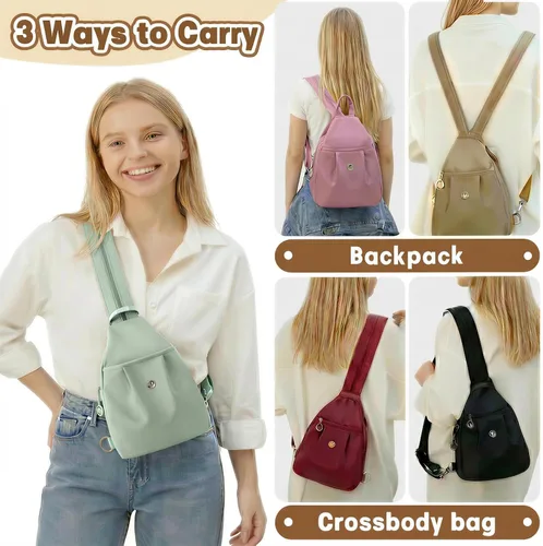 Vista 6 de Mini bolsa impermeable de 2 vías, mochila pequeña Oxford con múltiples compartimentos, para mujeres, universitarios, viajeros, viajes con antirrobo