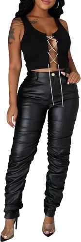 Vista 2 de hibshaby Sexy Club - Pantalones de piel sintética para mujer, cintura alta, fruncidos, apilados